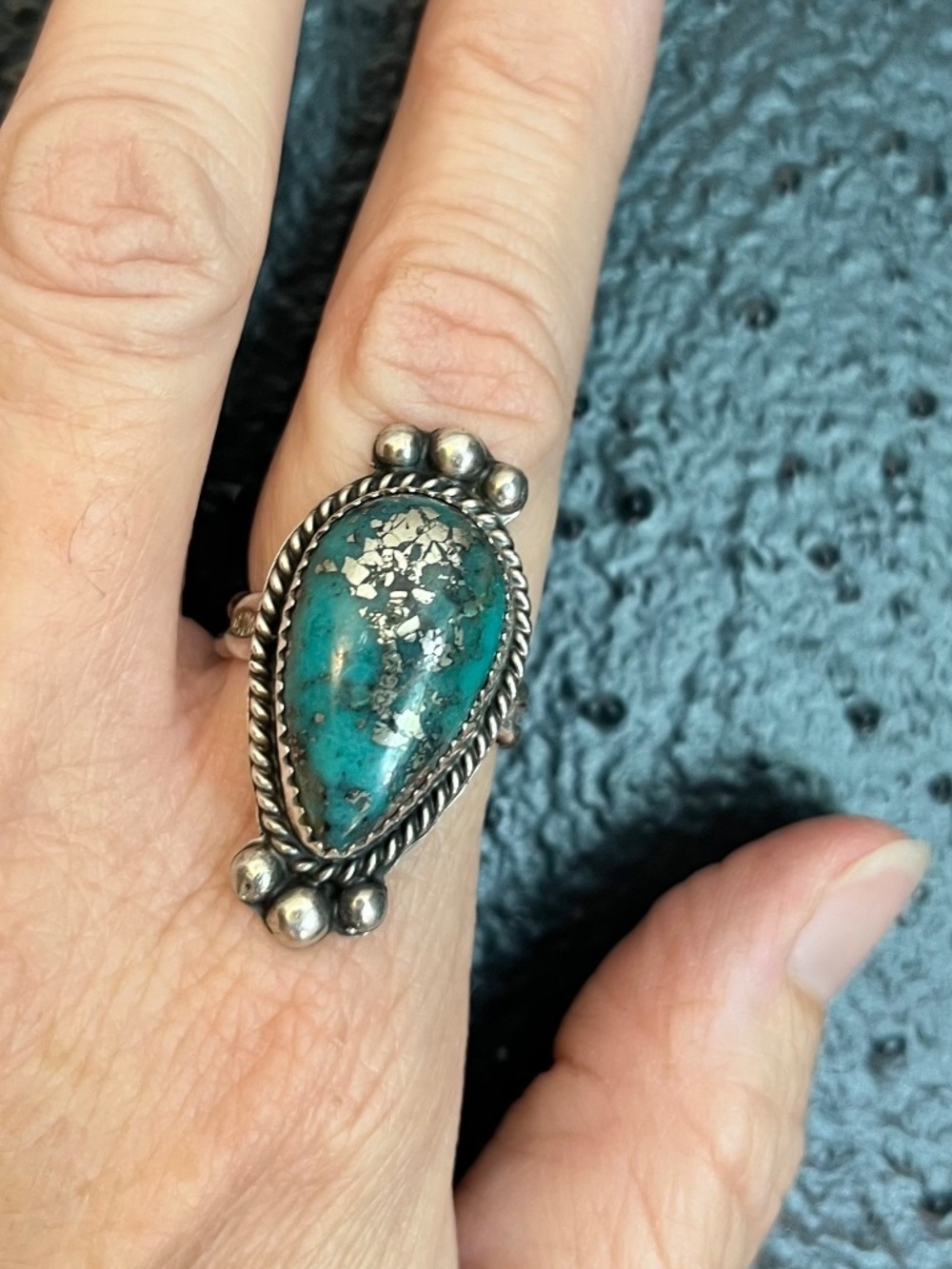Gorgeous Vintage Turquoise Morenci Mine Sterling Silver Ring Size 7.5 Pyrite